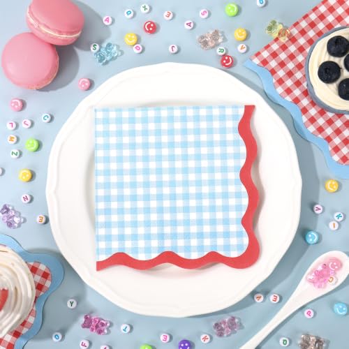 FYSUIMU 50Pcs Scalloped Gingham Cocktail Napkins - Red & Light Blue