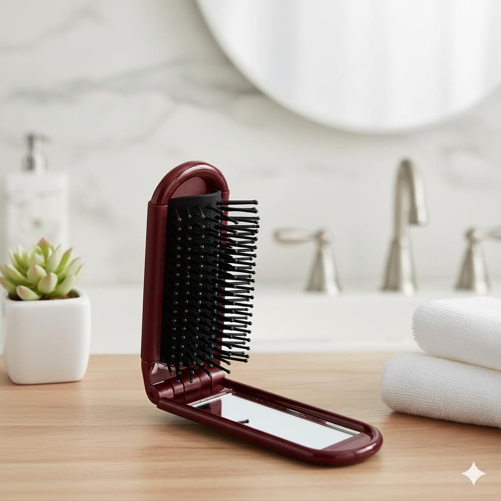 Folding Brush with Mirror for Women, Girls - Mini Hair Brush for Purse, Small Pocket with Soft Nylon Bristles and Mirror for Travel RED