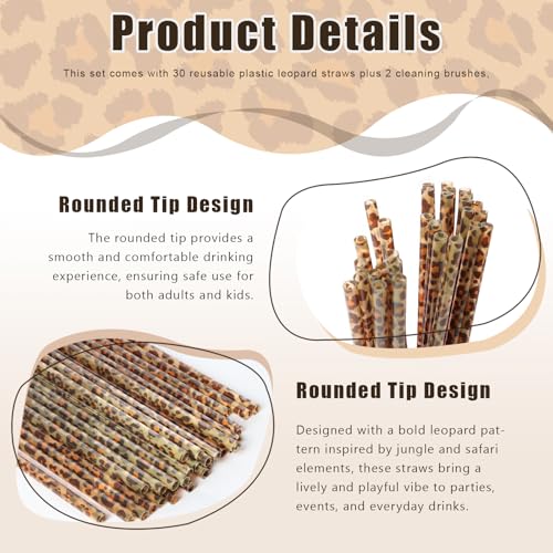 30 Reusable Leopard Print Straws with Cleaning Brushes - Perfect for Parties