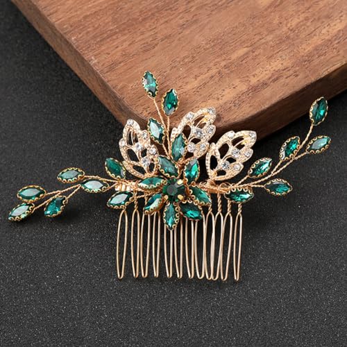 Auswalar Bridal Hair Comb 9 Green Gold Crystal Wedding Side Hair Clip for Bride
