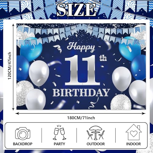 11th Birthday Banner Backdrop - Navy Blue Balloons & Confetti