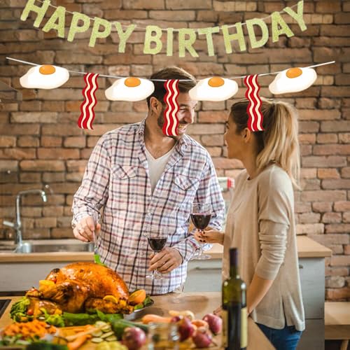 KUNGOON Bacon & Eggs Happy Birthday Banner Set for Brunch Parties