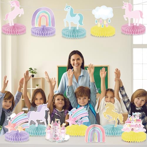 12Pcs Rainbow Unicorn Honeycomb Centerpieces for Birthday Party