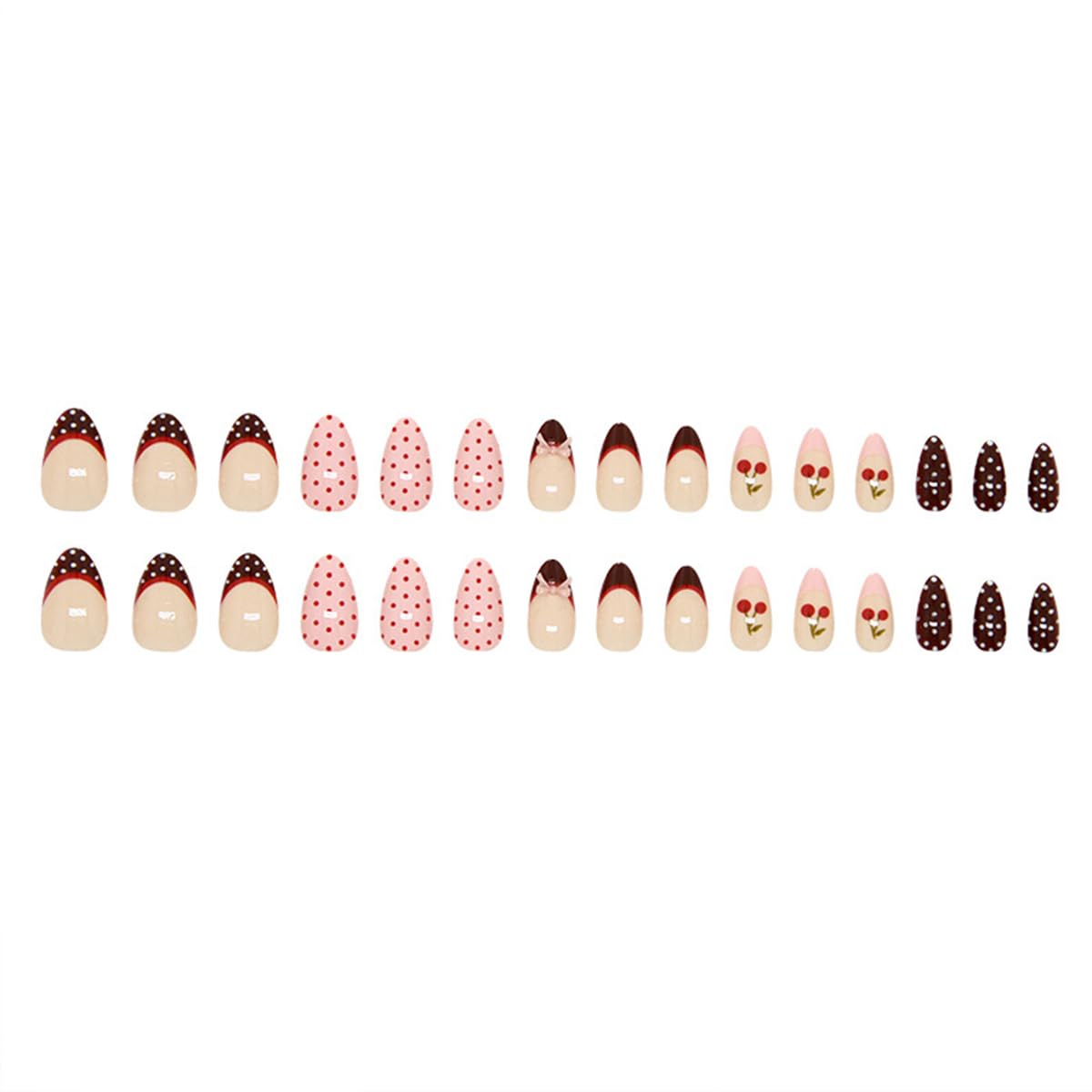 24Pcs Polka Dot Cherry Press on Nails Medium Almond Shape Fake Nails with Bow Design Glossy Red Pink French Tip False Nails Reusable Handmade Acrylic Stick on Nails for Women Girls Manicure