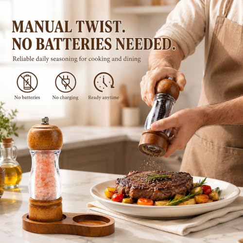 Manual Salt and Pepper Grinder Set with Oak Tray - Adjustable Ceramic Mills