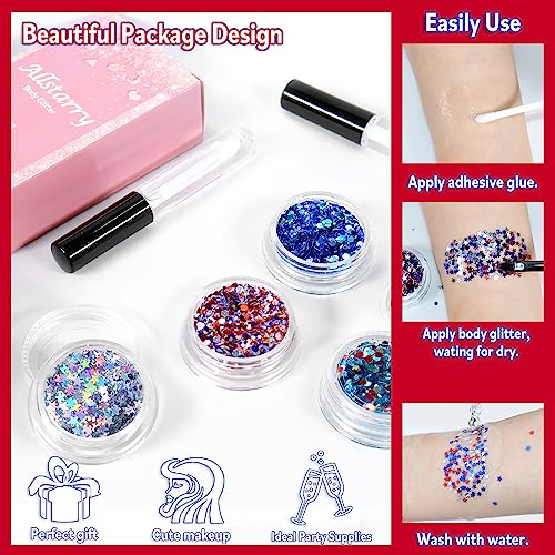 Allstarry Patriotic Body Glitter Set - 4 Colors for 4th of July & Olympics