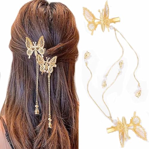 Gold Butterfly Hair Clips with Tassels for Women & Girls - Set of 2