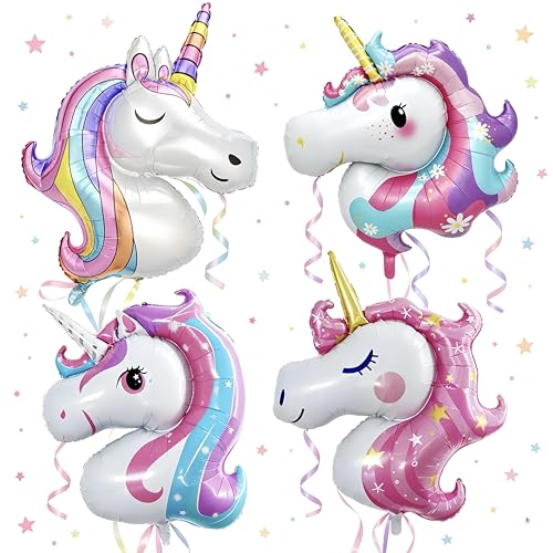 Unicorn Foil Balloons Set – 4 Large Rainbow Balloons for Birthday Party