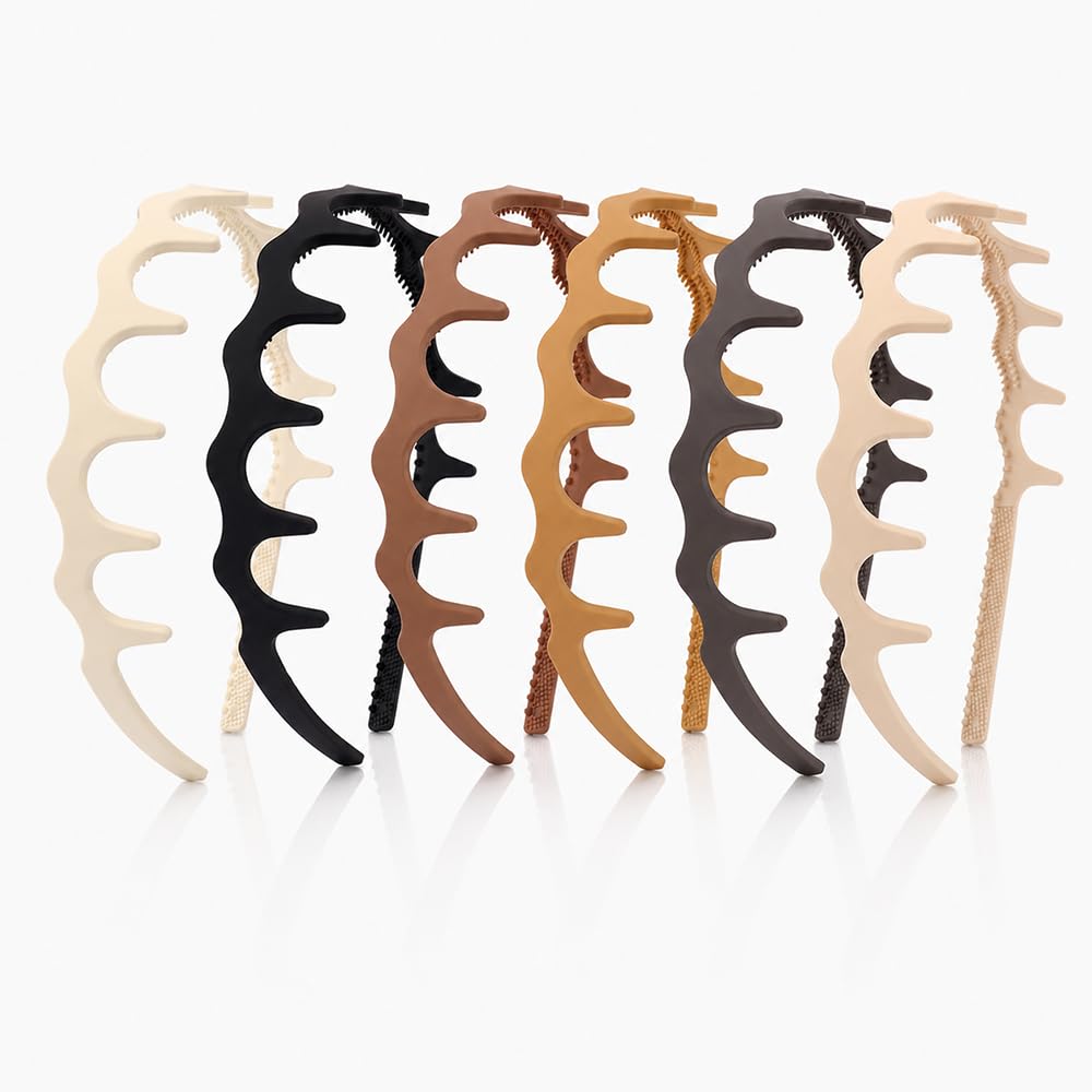 AHONEY 6 Pack Zig Zag Teeth Headbands with Matte Neutral – Trendy Non-Slip Hair Bands for Women Mens, Perfect for Daily Style or Skincare Routines