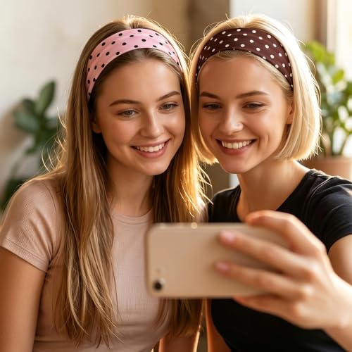 Miskate 6-Pack Polka Dot Headbands - Cotton Stretchy Women’s Hair Accessories (Pink Black Grey, 2" Wide)