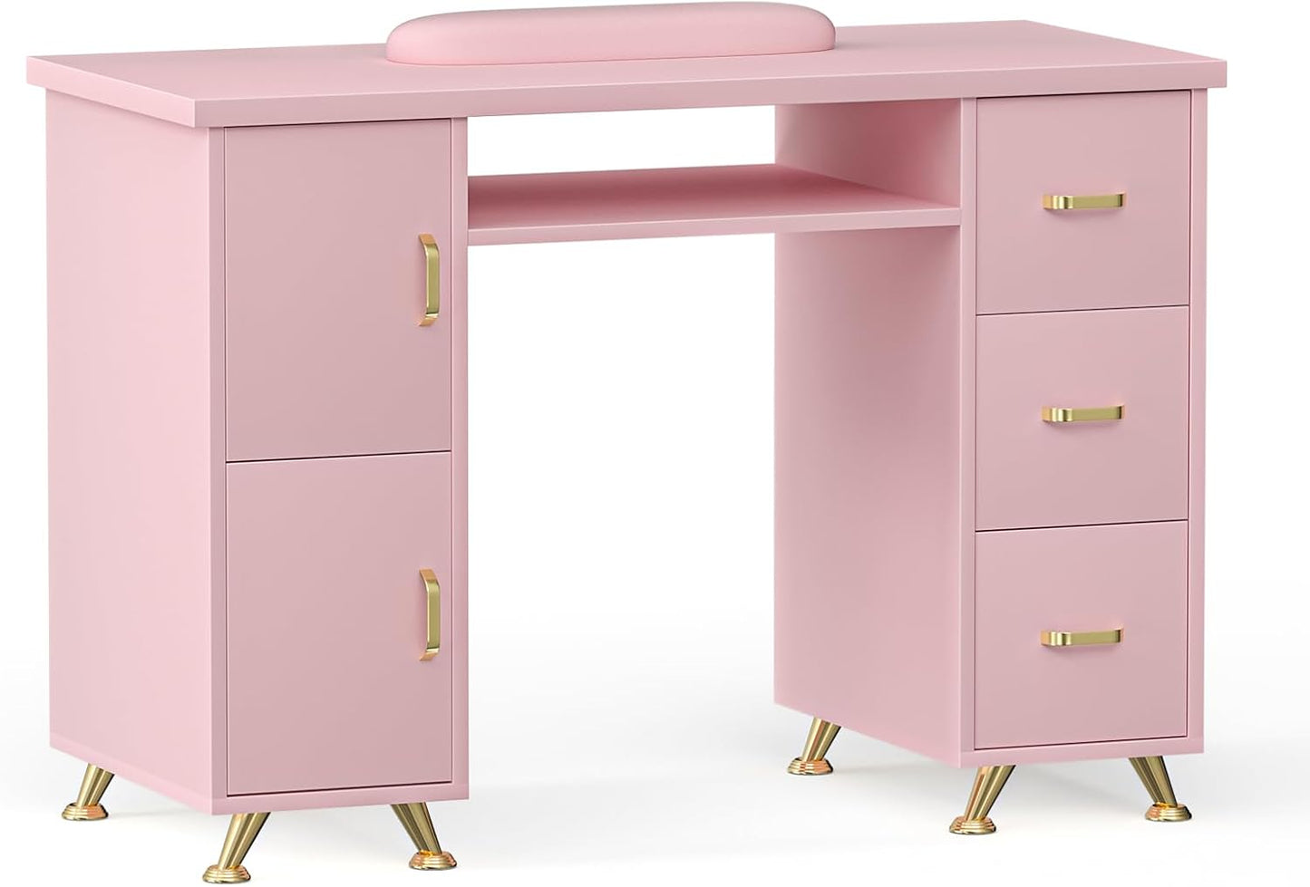 Professional Nail Tech Desk - Acetone Resistant Manicure Table with 3 Drawers & 2 Cabinets | White-Gold Finish for Salon & Home Use