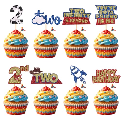 48Pcs Glitter Toy Themed Cupcake Toppers for 2nd Birthday