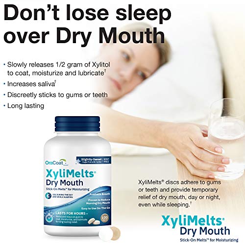 Oracoat XyliMelts for Dry Mouth Night Time or Day - Moisturizing Dry Mouth Adhering Discs, Sugar Free with Xylitol, 100 Count, Slightly Sweet Flavor, 8-Hour Relief