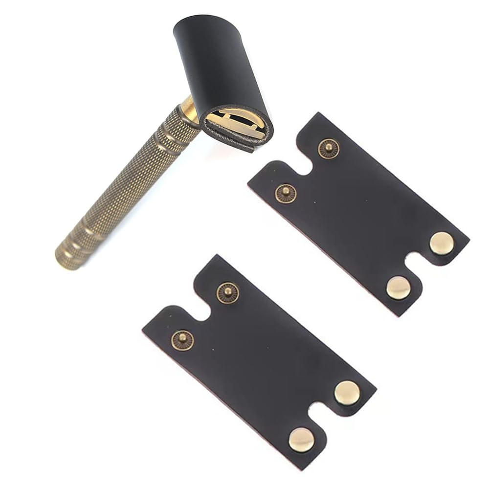 Selxran Leather Safety Razor Cover Travel Case, 2 Pcs Double Edge Razor Head Protecting Sheath, Safety Razor Blade Guard, Shaving Travel Cover Leather Cover Fits Most Safety Razors (Black)