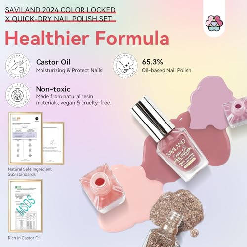 SAVILAND Quick Dry Nail Polish Set - 6 Pcs Sheer Nude Pink Glitter Colors