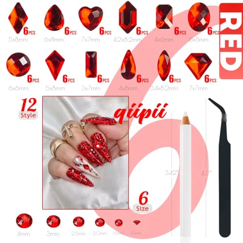 2052Pcs Ruby Red Nail Art Rhinestones with Tools - K9 Glass Gems