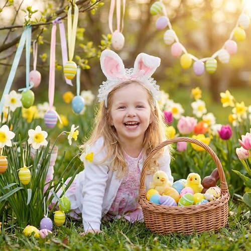 Pink Lace Easter Bunny Ears Headband with Curly Rabbit Hair Accessories for Parties & Photos