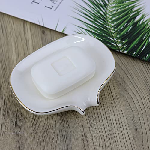 Ceramic Self-Draining Soap Dish with Gold Edge for Bathrooms & Kitchens
