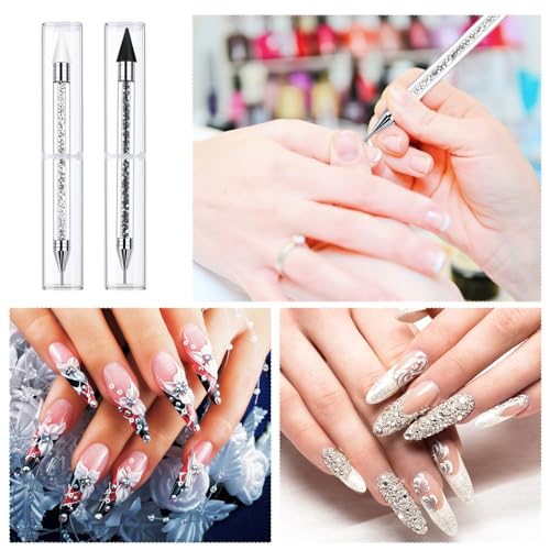 Tatuo 4 Pcs Rhinestone Picker Dotting Pen Set – Dual-Ended Wax & Stainless Tips (White + Black)