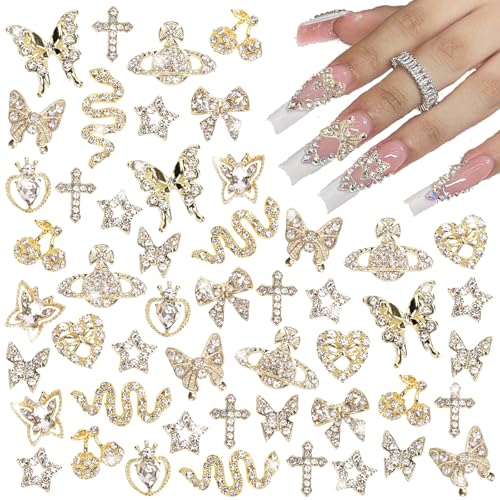 Cublive 24PCS Y2K Nail Charms with Rhinestones - Heart, Butterfly & Cherry