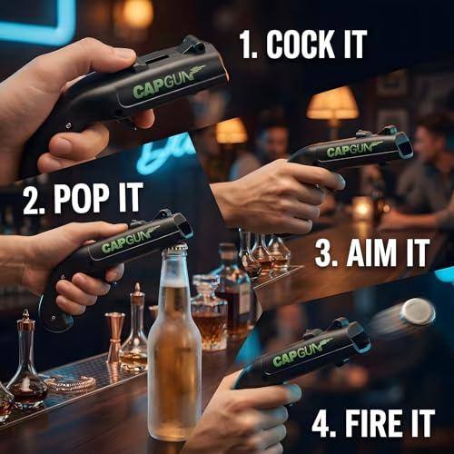 Black Cap Gun Bottle Opener - Fun Novelty Gadget for Parties