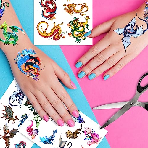 Dragon Temporary Tattoos for Parties - 144 Pieces, 20 Sheets, Kids & Adults