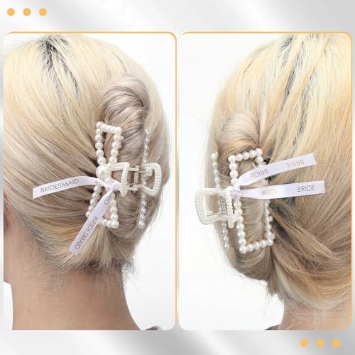 11 Pcs Bridesmaid Pearl Hair Claw Clips with Ribbon for Wedding Hairstyles