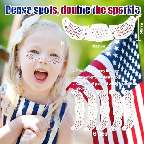 Patriotic USA Flag Glitter Freckles Face Tattoos - 6PCS