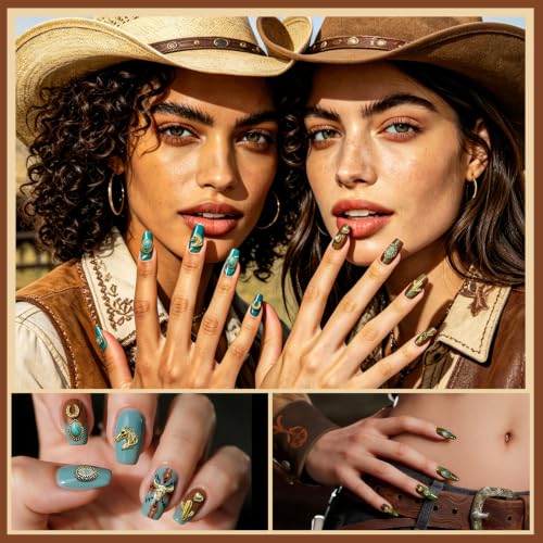 Gold Western Nail Charms Set 61pcs Cowboy Cowgirl 3D Turquoise & Metal Embellishments