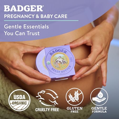 Badger Belly Butter, Organic Stretch Mark Cream for Pregnant Belly, Rich Hypoallergenic Moisturizing Organic Cocoa Butter & Coconut Body Butter for Women, 2 oz Tin