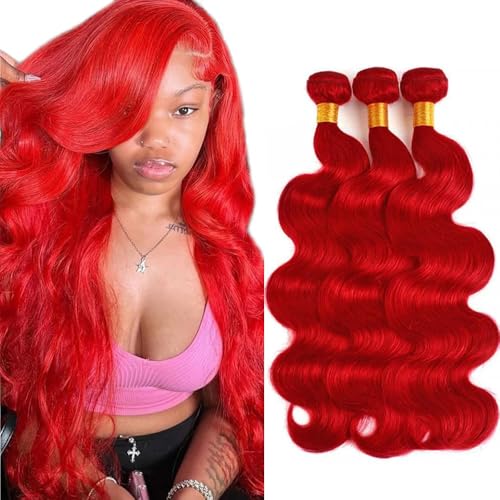 Raivide Red Body Wave Human Hair Bundles 12 Inch - Unprocessed Virgin Hair, 3 Pack