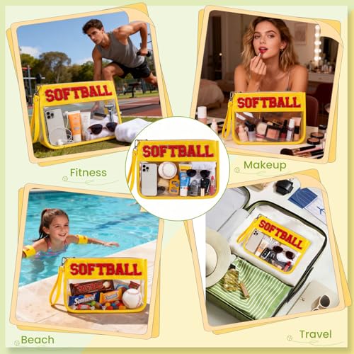 Softball-Yellow Makeup Bag Set | 2-Pc Waterproof Organizer with Chenille Patch