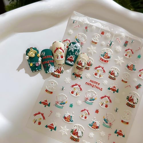 4 Sheets Christmas Nail Stickers – Gingerbread Man, Snowman, Santa Bear 5D Embossed Self-Adhesive Decals (Winthrop) – Holiday Manicure Kit