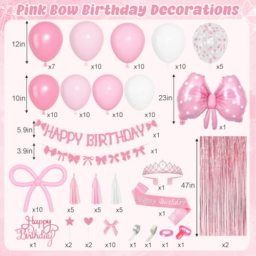 Pink Bow Birthday Decorations Set - 92pcs Party Supplies