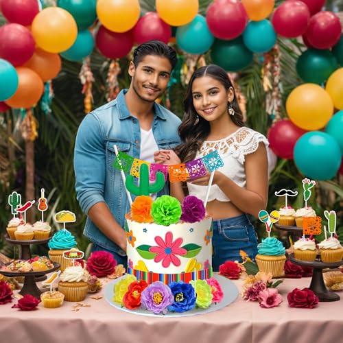 33 PCS Mexican Fiesta Cake Topper Set with Cactus & Flowers