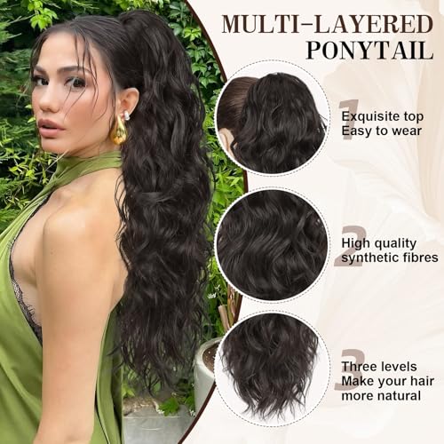 HANYUDIE 26 Inch Wavy Claw Clip Ponytail Extension - Dark Brown