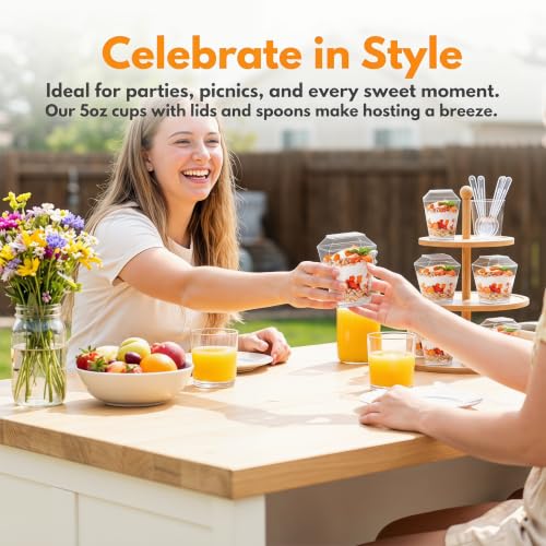 5 oz Clear Trapezoid Dessert Cups with Lids & Spoons - 75 Pack