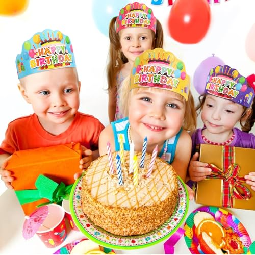 48 Pcs Happy Birthday Crowns - Paper Party Hats for Kids & Adults
