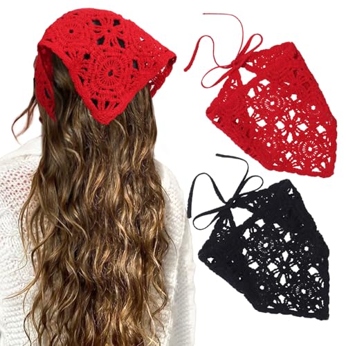 Boho Crochet Hair Bandanas for Women - Black & Red (2 Pcs)