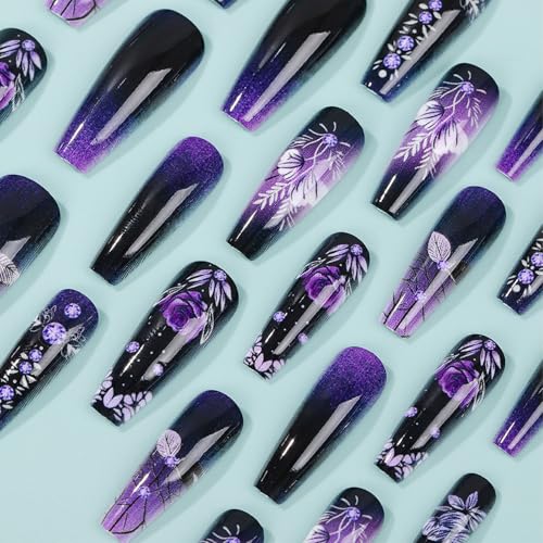 Xenophoer Purple Coffin Press On Nails Medium Long Length with US Variation 2, Glossy Fake Nails for Women, 24 Pcs