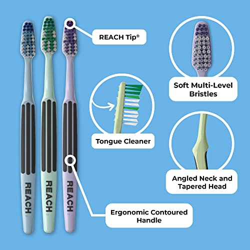 Reach Advanced Design Soft Toothbrush Pack of 6 with Cap & Tongue Scraper