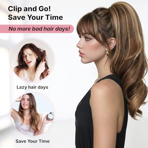 MaopaoBeauty 18-Inch Chocolate Brown with Honey Blonde Highlights Synthetic Clip-In Ponytail Extension for Women, Long Wavy Hairpiece