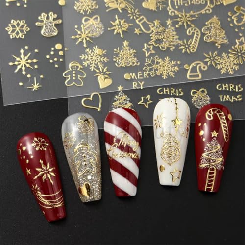 POWPOP Xmas Design2 8 Sheets 3D Gold Nail Stickers – Snowflake, Tree, Candy Cane Christmas Nail Art