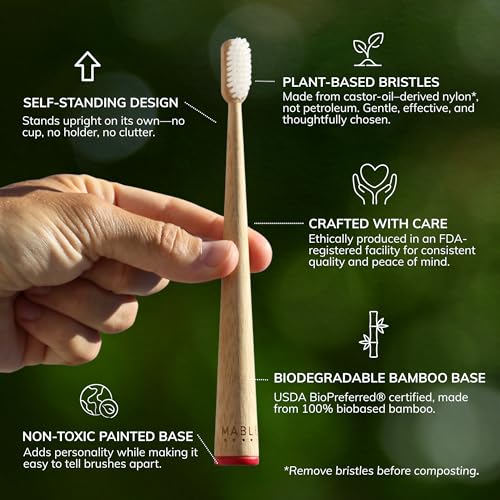 MABLE Soft Bristle Bamboo Toothbrush Pack of 4 – Compostable Eco-Friendly