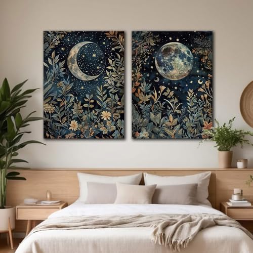 Botanical Canvas Wall Art Set - Celestial Moon & Floral Prints 16x24