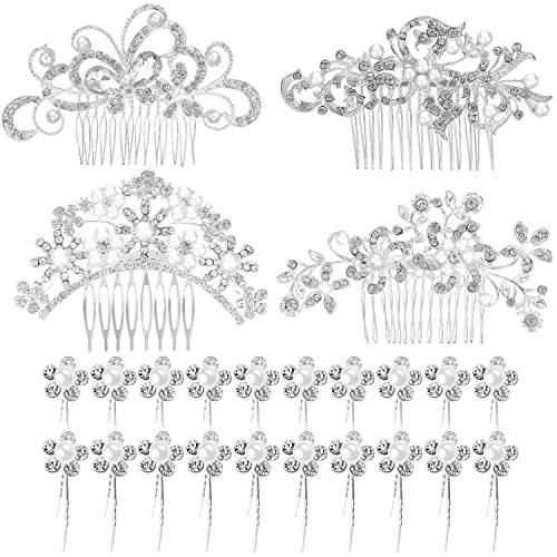 24Pcs Bridal Hair Comb and Pins Set with Rhinestones & Pearls for Wedding & Bridesmaids