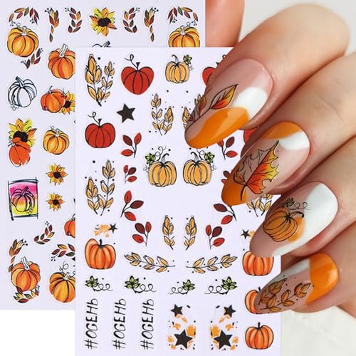 Quezadyl Falling Leaf Autumn Nail Stickers 8 Sheets Thanksgiving Pumpkin Decals
