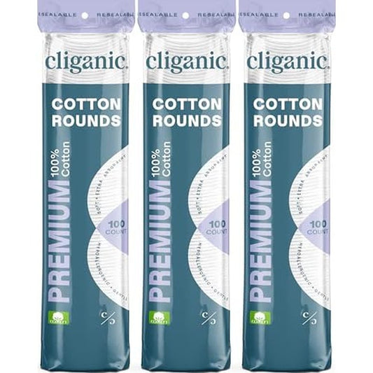 Cliganic Premium Cotton Rounds for Face (300 Count) - Makeup Remover Pads, Hypoallergenic, Lint-Free | 100% Pure Cotton