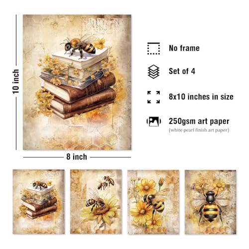 Vintage Bumble Bee & Sunflower Floral Wall Art Prints - 8x10 Unframed