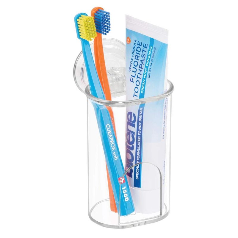 mDesign Compact Plastic Suction Storage Center for Bathroom Organization of Toothbrushes, Electric Toothbrushes, Razors - 2 Pack - Clear